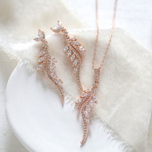 Rose gold jewelry set, Bridal necklace and earrings, Rose gold Wedding jewelry, Rose gold Bridal earrings, CZ Vine style necklace set image 2