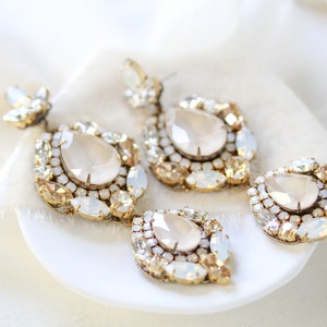 Antique gold statement bridal  earrings with ivory cream, white opal, golden shadow and clear Swarovski Crystals