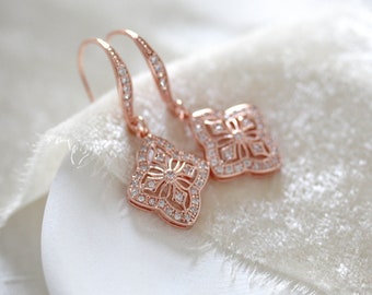 Rose Gold earrings, Crystal Bridal earrings, Simple Wedding earrings, Bridal jewelry, Art Deco earrings, Dangle earrings, Bridesmaid, ADDIA