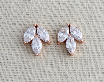 Rose gold stud earrings Leaf Stud Bridal earrings Bridal jewelry Rose gold CZ earrings Wedding earrings Simple dainty earrings