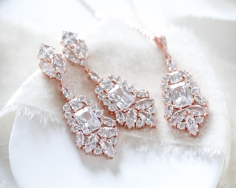 Rose gold Bridal jewelry set, Wedding necklace and earrings, Rose gold Wedding earrings, Rose gold Chandelier earrings, Wedding jewelry