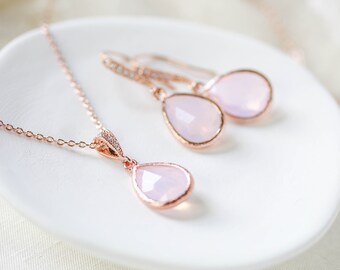 Rose gold necklace and earring set, Blush pink Bridal necklace set, Bridal jewelry, Rose gold Bridesmaid jewelry gift, Pink opal Wedding