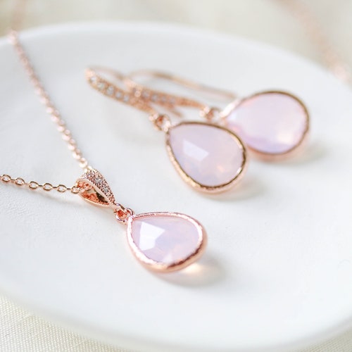 Rose Gold Necklace and Earring Set Blush Pink Bridal Necklace Etsy