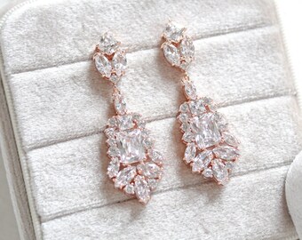 Rose gold Bridal earrings, Bridal jewelry, Wedding earrings, Rose gold Wedding jewelry, Chandelier earrings, CZ earrings, Silver earrings