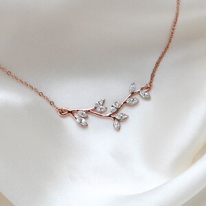 Rose gold Bridal necklace Bridal jewelry Bridesmaid necklace Wedding jewelry Crystal necklace Leaf necklace Layering necklace Simple wedding