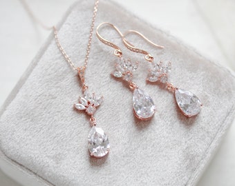 Rose gold necklace Rose gold earrings Bridal jewelry Rose gold jewelry Bridal necklace Bridesmaid jewelry set Wedding jewelry EMMA