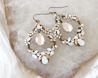 Antique Gold Bridal earrings Chandelier Wedding earrings Bridal jewelry Ivory cream and White opal earrings Vintage style earrings