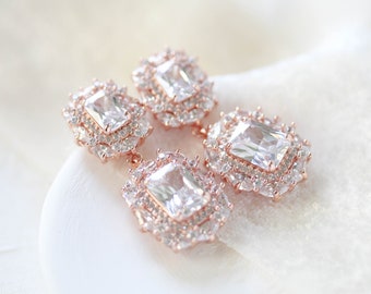 Rose gold Bridal earrings, Dangle Wedding earrings, Bridal jewelry, Emerald cut earrings, Wedding jewelry, Sterling silver earrings