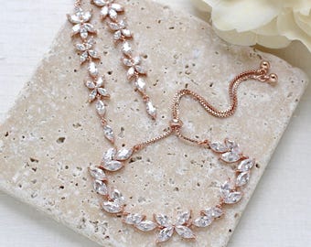 Rose gold Bridal jewelry set, Crystal Bridal earrings, Long Wedding earrings, Bracelet and earrings, Wedding Jewelry for Bride