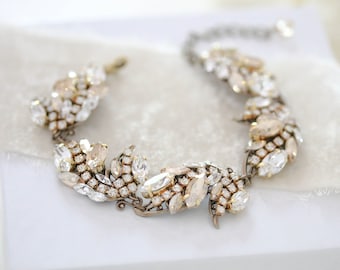 Crystal Bridal bracelet, Leaf Wedding bracelet, Bridal jewelry, Crystal bracelet, Bracelet and earrings, Vintage Wedding jewelry,