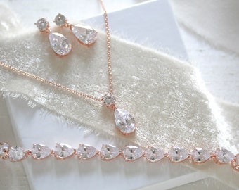 Simple Bridal jewelry, Rose gold jewelry set, Rose gold tennis bracelet, Bridesmaid jewelry, Dainty Bridal necklace and earrings, CZ jewelry