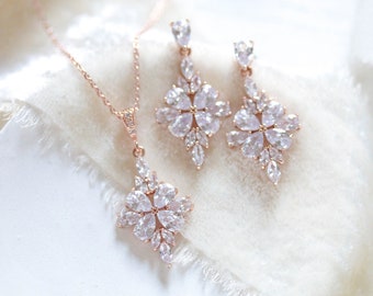 Zierliche Brautschmuck Set, Rose Gold Braut Ohrringe, Brautjungfer Schmuck Set, Rose Gold Hochzeit Schmuck, Zierliche Hochzeit Ohrringe