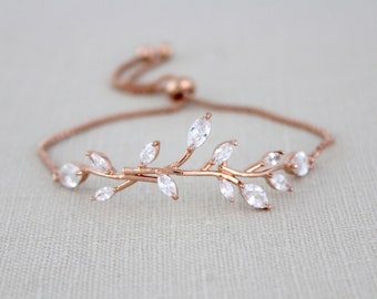 Rose gold Bridal bracelet Bridal jewelry Adjustable CZ Wedding bracelet Dainty leaf bracelet Bridesmaid bracelet Wedding jewelry APRILLE