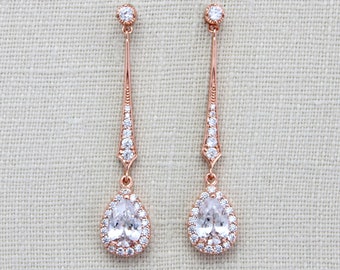 Rose gold earrings Long Bridal earrings Bridal jewelry Crystal drop earrings Delicate Wedding earrings Wedding jewelry CZ teardrop earrings