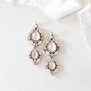 Antique gold  vintage inspired wedding earrings with ivory cream, white opal, golden shadow and clear Swarovski Crystals