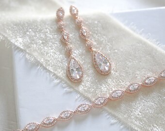 Rose gold Wedding jewelry set, Bridal necklace set, CZ Bridal jewelry, Rose gold Bridal earrings, Bridal bracelet, Wedding earrings SCARLETT