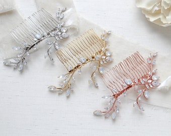 Rose gold Bridal hair comb, White opal bridal hair piece, Crystal Wedding comb for Bride, Rose gold leaf hair accessory, Headpiece APRILLE