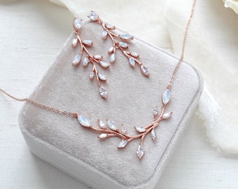 Weiße Opal Halskette Set, Roségold Braut Ohrringe, Brautschmuck, Rosegold Brautschmuck, Hochzeitsschmuck für Braut APRILLE