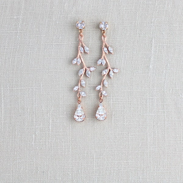 Leaf Bridal earrings, Long Rose gold earrings, Crystal Bridal earrings, Bridal jewelry, Vintage style drop earrings, Dainty Wedding earrings