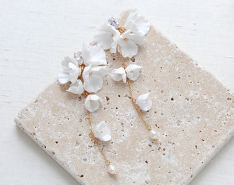 Flower Bridal Earrings with Pearls, Gold Filled Wedding Earrings, Floral Drop Earrings, Romantic Bride Jewelry, White Flower Earrings