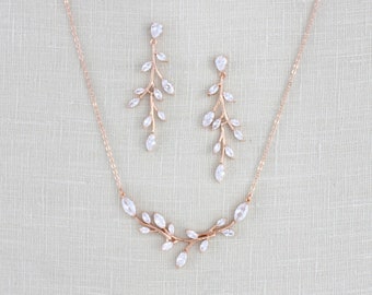 Rosegold Braut Kette Rosegold Brautohrringe Brautschmuck Set Zierlicher Hochzeitsschmuck CZ Brautjungfer Halskette Set APRILLE