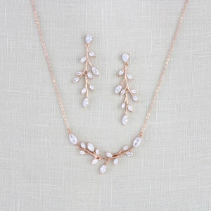 Rose gold Bridal necklace Rose gold Bridal earrings Bridal jewelry set Dainty Wedding jewelry CZ bridesmaid necklace set APRILLE