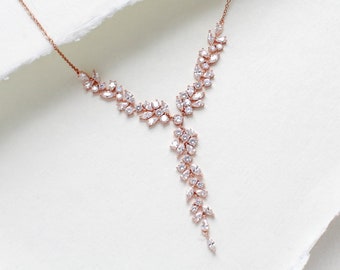 Rose gold Bridal necklace, Bridal jewelry, Rose gold Y necklace for Bride, Wedding necklace, Rose gold Wedding jewelry, Necklace for Wedding