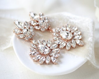 Rose Gold Bridal earrings, Bridal jewelry, Statement Wedding earrings, Crystal Chandelier earrings, Vintage style earrings