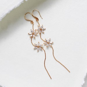 Gold Bridal earrings, Long Dangle earrings for Bride, Bridal jewelry, Minimalist earrings for Wedding, CZ earrings, Wedding day jewelry
