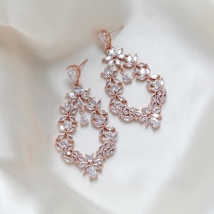 Rose gold Bridal earrings, Bridal jewelry, Floral Hoop Wedding earrings, CZ leaf earrings, Rose gold Wedding jewelry, Statement earrings