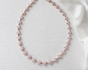 Rose gold Bridal necklace, Rose gold Bridal jewelry, Dainty Wedding necklace, Bridesmaid necklace, CZ Wedding jewelry, Tennis necklace