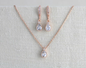 Dainty Rose gold necklace and earring set Delicate Bridal necklace set Bridal jewelry Crystal drop earrings Dainty Bridal earrings