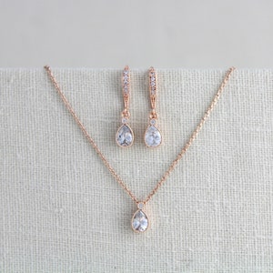 Dainty Rose gold necklace and earring set Delicate Bridal necklace set Bridal jewelry Crystal drop earrings Dainty Bridal earrings