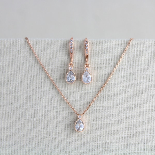 Dainty Rose gold necklace and earring set Delicate Bridal necklace set Bridal jewelry Crystal drop earrings Dainty Bridal earrings