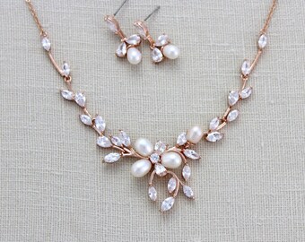 Rose gold necklace Backdrop necklace Bridal jewelry Back necklace Necklace and earring set Wedding jewelry Back jewelry Rose gold jewelry