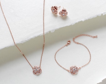 Rose gold necklace Bridesmaid necklace Bridal jewelry Crystal Flower necklace Dainty Bridal necklace CZ necklace Wedding jewelry BELLA