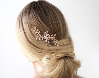 Peigne à cheveux en or rose, Peigne à cheveux de mariée, Peigne à cheveux en cristal, Morceau de cheveux en or rose, Morceau de cheveux en feuille, Morceau de cheveux de mariée, Accessoire capillaire de mariage