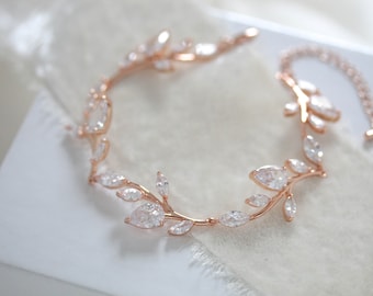 Rose Gold Braut Armband, Blatt Hochzeit Armband, Braut Schmuck, CZ Armband, Hochzeit Schmuck, Rose Gold, Brautjungfer APRILLE