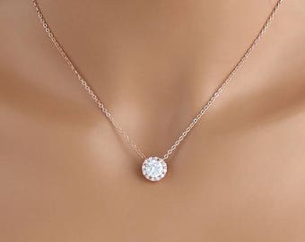 Rose Gold Bridal necklace Solitaire necklace Bridal jewelry Crystal wedding necklace Wedding jewelry Bridesmaid jewelry Halo necklace