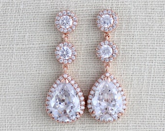 Rose Gold Bridal earrings, Bridal jewelry, Dangle Wedding earrings, CZ Drop earrings, Crystal earrings, Wedding jewelry, Cubic Zirconia