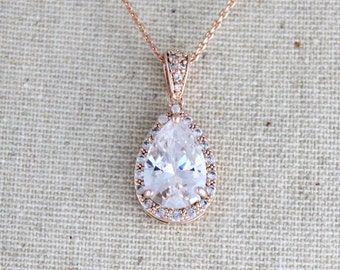 Rose gold Bridal necklace, Crystal Wedding necklace, Rose gold Bridesmaid necklace, Rose gold jewelry, CZ necklace, Teardrop necklace