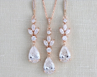 Rose gold Bridal Earrings Wedding jewelry Wedding necklace and earrings Crystal Bridal jewelry Rose gold earrings Bridesmaid jewelry set