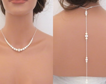 Perle Backdrop Halskette für Braut, Perle Hochzeit zurück Halskette, Brautschmuck, Halskette für besonderen Anlass, Perle zurück Schmuck