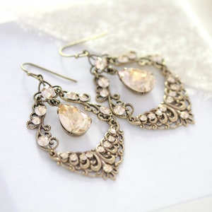 Antique gold Bridal earrings Vintage style Chandelier earrings Bridal Jewelry Wedding jewelry Golden shadow crystal earrings image 3