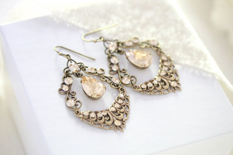 Antique gold Bridal earrings Vintage style Chandelier earrings Bridal Jewelry Wedding jewelry Golden shadow crystal earrings image 3