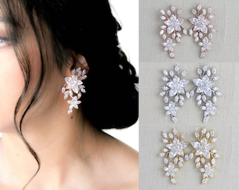 Rose gold Bridal earrings, Bridal jewelry, Floral CZ Wedding earrings, Statement leaf earrings, CZ earrings, Wedding jewelry LILY