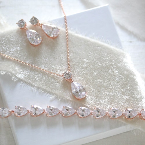 Dainty Rose Gold Necklace and Earring Set Bridal Jewelry Etsy