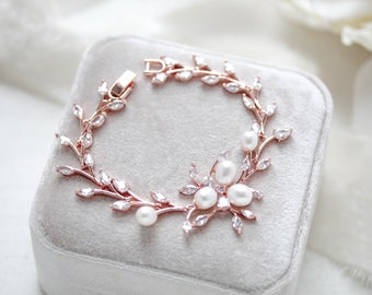 Bracelet de mariée en or rose Perle Bracelet de mariage Bijoux de mariée Bracelet manchette Bracelet feuille de cristal Bracelet Perle Bijoux de mariage