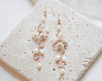 Floral Bridal earrings, Pearl Wedding earrings, Bridal jewelry, Delicate long pearl earrings, Gold earrings with pink stones Wedding jewelry