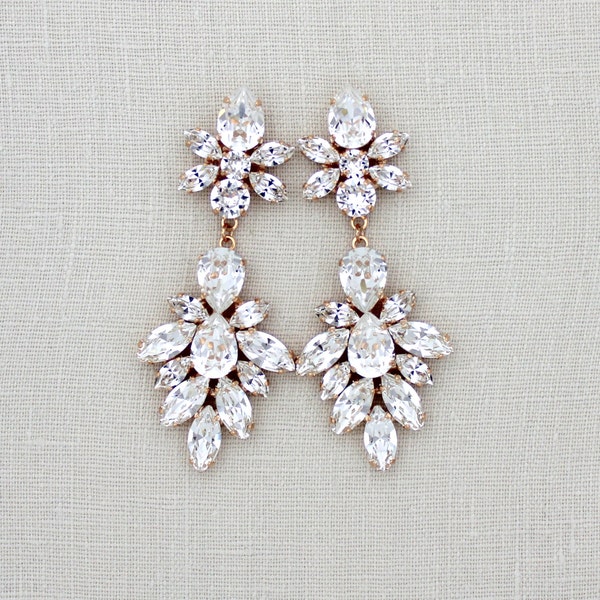 Rose Gold Bridal earrings, Bridal jewelry, Crystal Wedding earrings, Statement Chandelier earrings, Wedding jewelry, Vintage style earrings